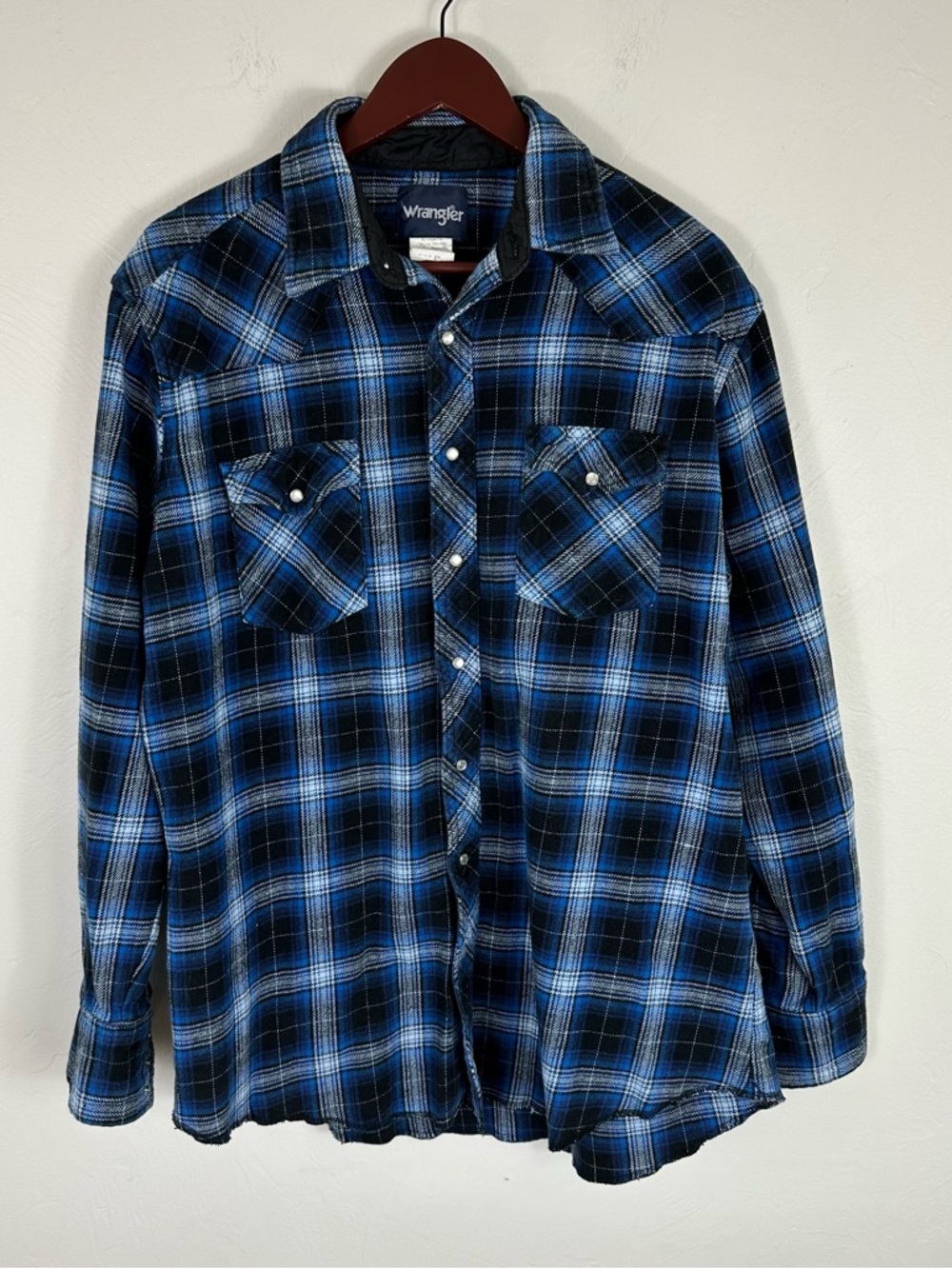 Wrangler Blue Black Plaid Pearl Snap Flannel XLT